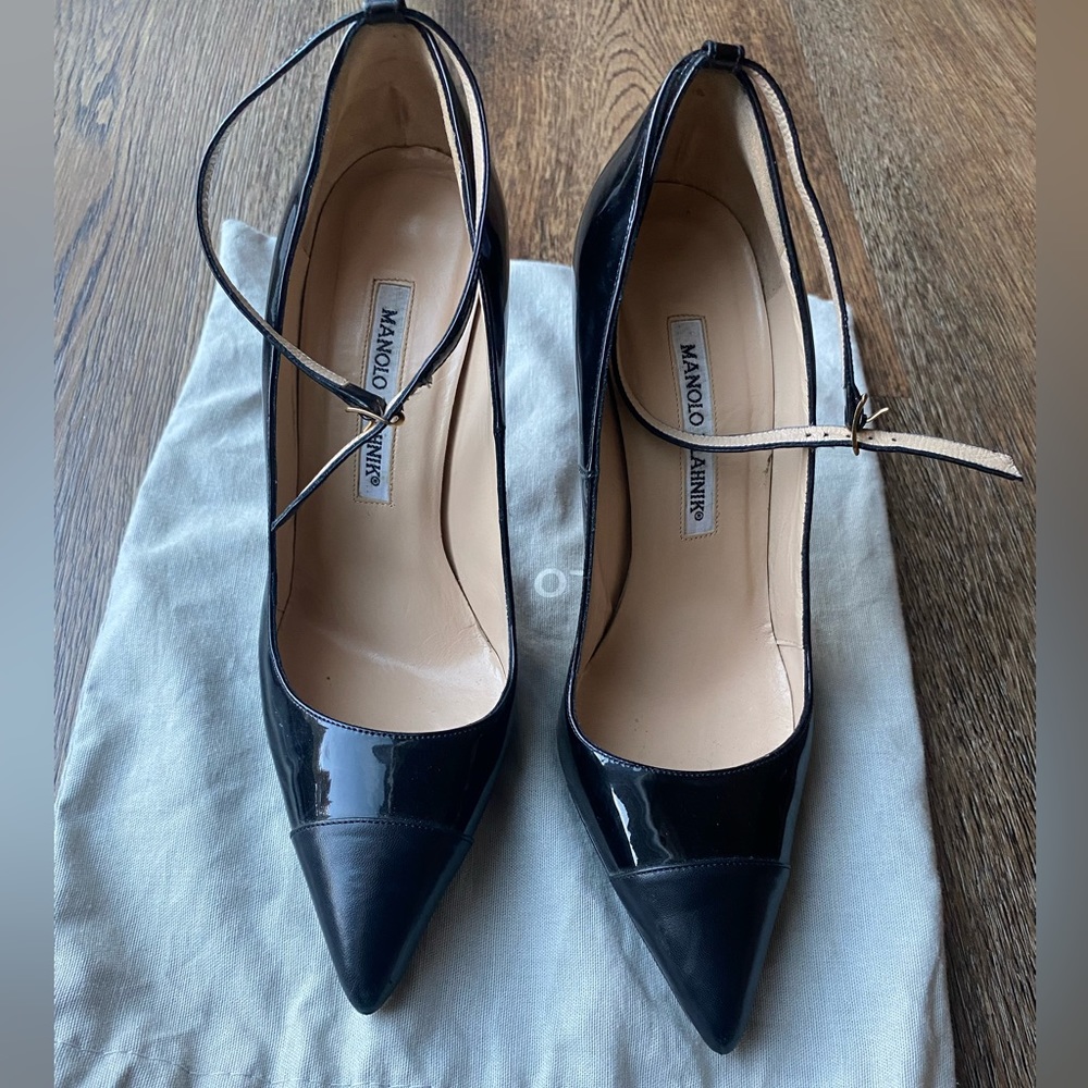 Manolo Blahnik Black Toe Pump with Ankle strap
